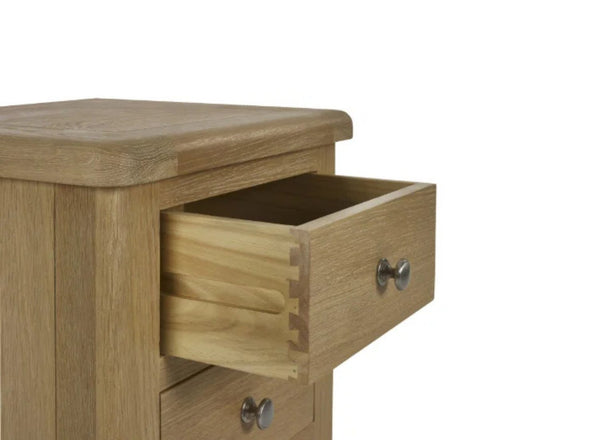Memphis 3 Drawer Bedside Table open drawer in limed oak