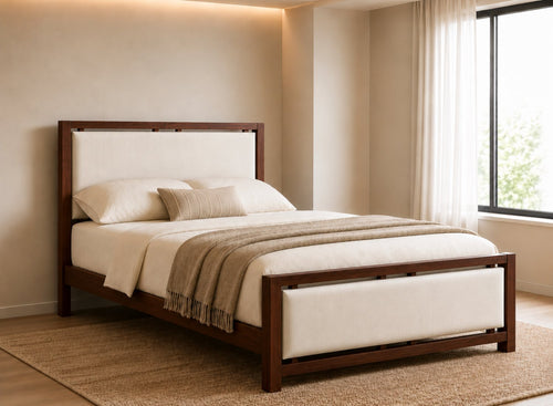 Morston Upholstered Wooden Bed in Mahogany with Cream Velvet Headboard and Footboard