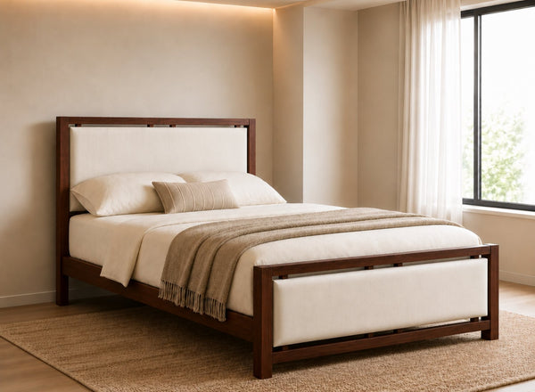 Morston Wooden Bed in Mahogany with Cream Velvet Upholstered Headboard and Footboard