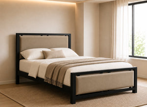Morston Wooden Bed in Black with Coffee Velvet Upholstered Headboard and Footboard
