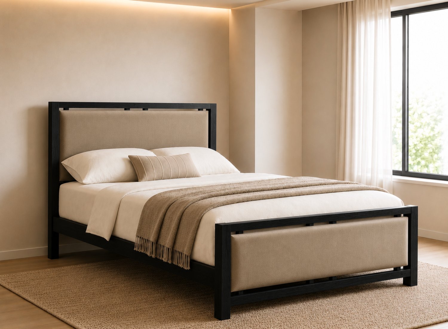 Morston Upholstered Wooden Bed in Black with Coffee Velvet Panels
