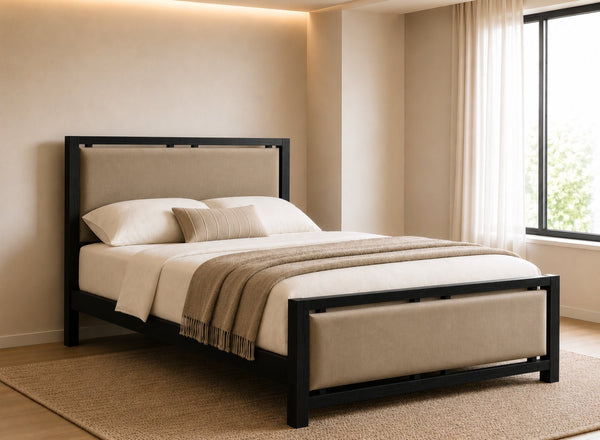 Morston Wooden Bed in Black with Coffee Velvet Upholstered Headboard and Footboard