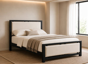 Morston Wooden Bed in Black with Cream Velvet Upholstered Headboard and Footboard