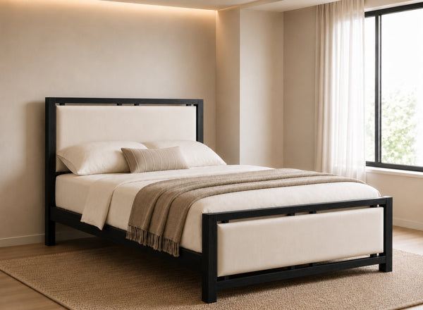 Morston Wooden Bed in Black with Cream Velvet Upholstered Headboard and Footboard