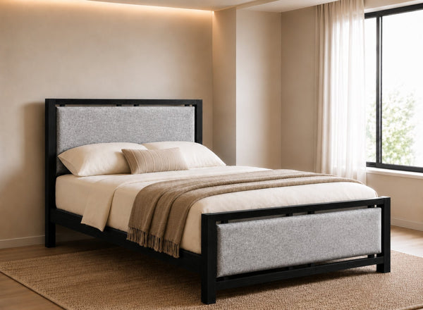 Morston Wooden Bed in Black with Grey Chenille Upholstered Headboard and Footboard