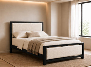 Morston Wooden Bed in Black with Ivory Boucle Upholstered Headboard and Footboard