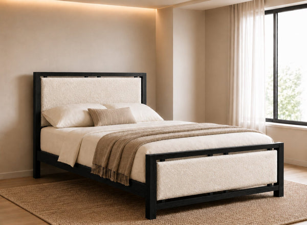 Morston Wooden Bed in Black with Ivory Boucle Upholstered Headboard and Footboard