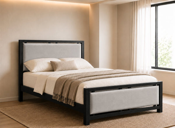 Morston Wooden Bed in Black with Silver Velvet Upholstered Headboard and Footboard