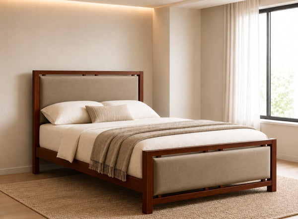 Morston Wooden Bed in Mahogany with Coffee Velvet Upholstered Headboard and Footboard
