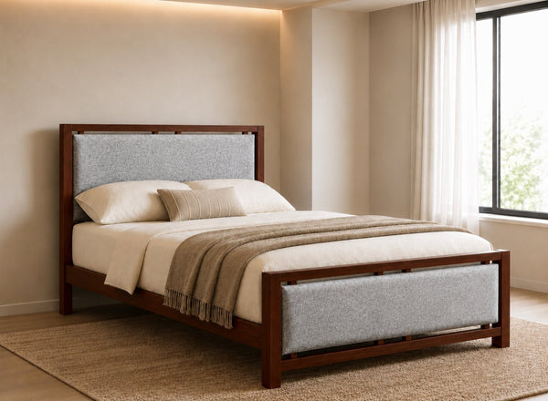 Morston Wooden Bed in Mahogany with Grey Chenille Upholstered Headboard and Footboard