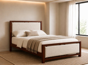 Morston Wooden Bed in Mahogany with Ivory Boucle Upholstered Headboard and Footboard