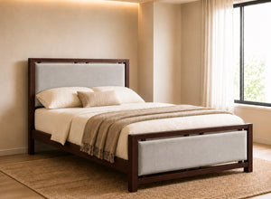 Morston Wooden Bed in Mahogany with Silver Velvet Upholstered Headboard and Footboard