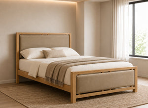 Morston Wooden Bed in Oak with Coffee Velvet Upholstered Headboard and Footboard