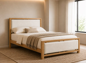 Morston Wooden Bed in Oak with Cream Velvet Upholstered Headboard and Footboard