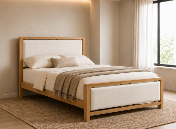 Morston Upholstered Wooden Bed in Oak with Cream Velvet Headboard and Footboard