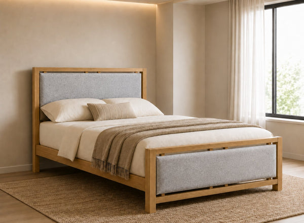 Morston Wooden Bed in Oak with Grey Chenille Upholstered Headboard and Footboard