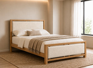 Morston Wooden Bed in Oak with Ivory Boucle Upholstered Headboard and Footboard