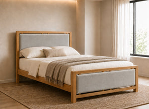 Morston Wooden Bed in Oak with Silver Velvet Upholstered Headboard and Footboard