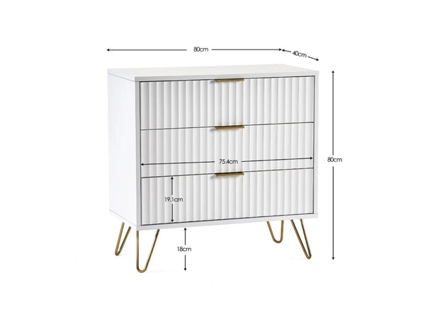 Murano 3 Drawer Chest in White - Dimensions