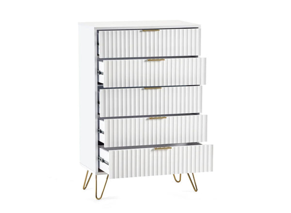 Murano 5 Drawer Chest in White - Drawers Opened