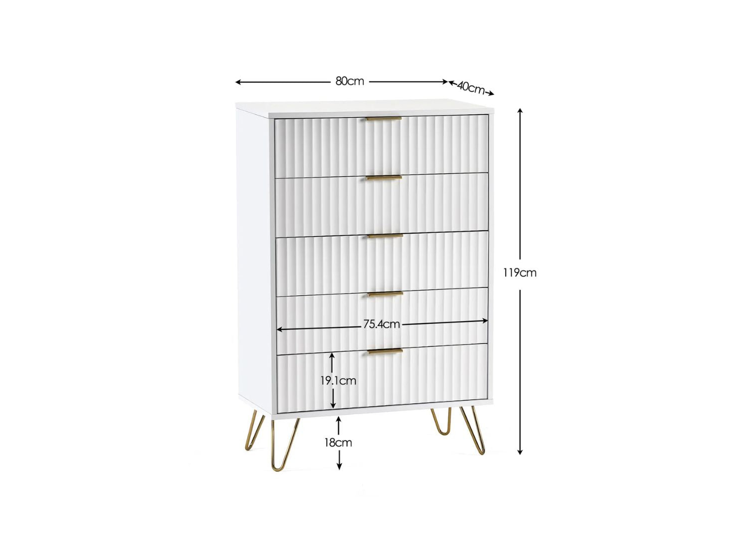 Murano 5 Drawer Chest in White Dimensions