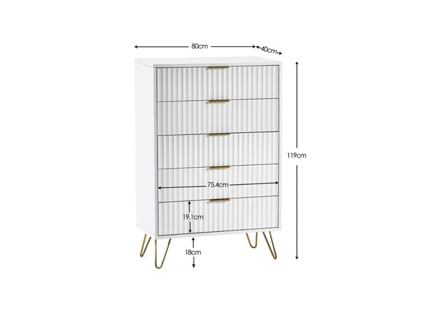 Murano 5 Drawer Chest in White Dimensions