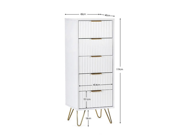 Murano 5 Drawer Tallboy in White -Dimensions