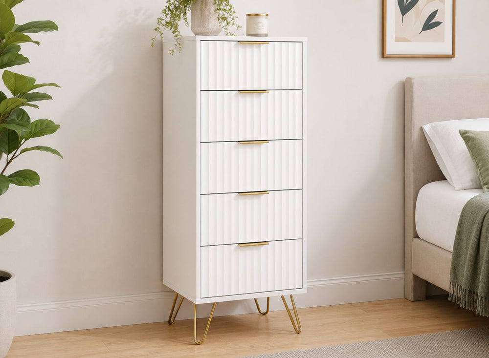 Murano 5 Drawer Tallboy in White - Feature Image