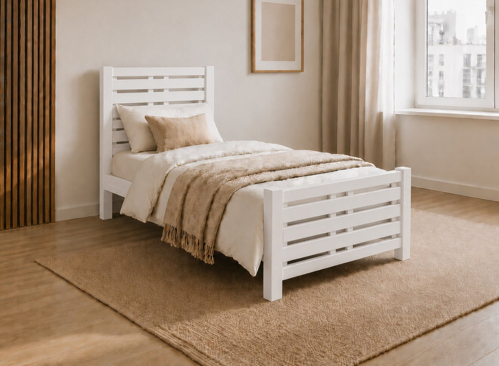 Narford Painted Wooden Bed in Hague Blue with slatted headboard and footboard.