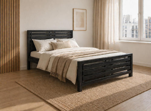 Narford Stained Black Wooden Bed in Scandi Inspired Bedroom