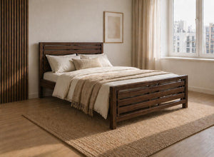 Narford Stained Chocolate Wooden Bed in Scandi Inspired Bedroom