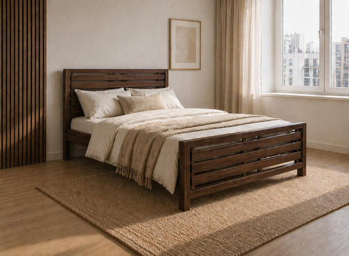 Narford Stained Chocolate Wooden Bed in Scandi Inspired Bedroom