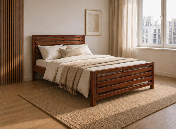Narford Stained Mahogany Wooden Bed in Scandi Inspired Bedroom