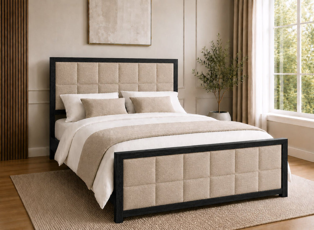 Pulham Wooden Bed in Black with Sand Faux Linen Upholstered Headboard and Footboard