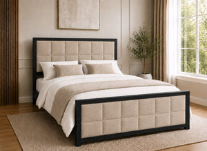 Pulham Wooden Bed in Black with Sand Faux Linen Upholstered Headboard and Footboard