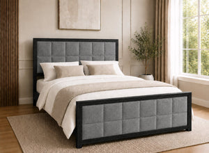 Pulham Wooden Bed in Black with Charcoal Faux Linen Upholstered Headboard and Footboard