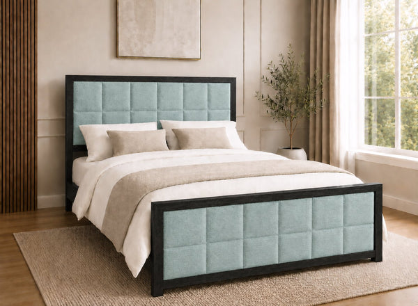 Pulham Wooden Bed in Black with Duck Egg Faux Linen Upholstered Headboard and Footboard