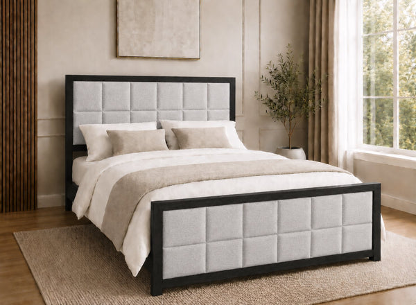 Pulham Wooden Bed in Black with Light Grey Faux Linen Upholstered Headboard and Footboard