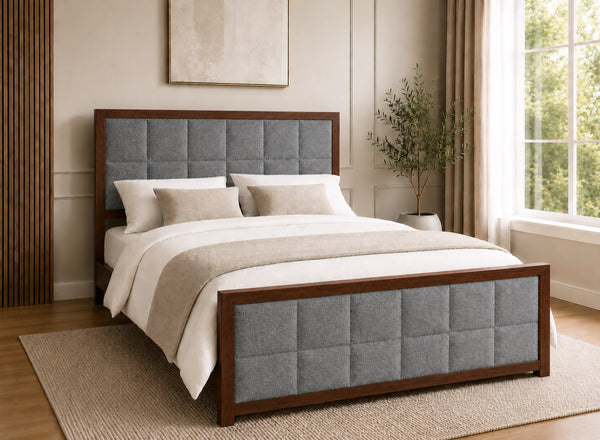Pulham Wooden Bed in Mahogany with Charcoal Faux Linen Upholstered Headboard and Footboard