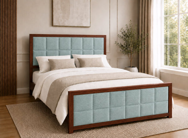 Pulham Wooden Bed in Mahogany with Duck Egg Faux Linen Upholstered Headboard and Footboard