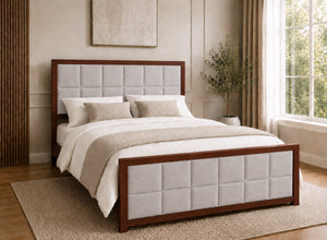 Pulham Wooden Bed in Mahogany with Light Grey Faux Linen Upholstered Headboard and Footboard