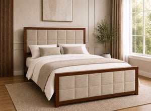 Pulham Wooden Bed in Mahogany with Sand Faux Linen Upholstered Headboard and Footboard