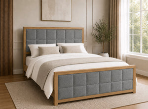 Pulham Wooden Bed in Oak with Charcoal Faux Linen Upholstered Headboard and Footboard