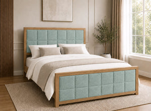Pulham Wooden Bed in Oak with Duck Egg Faux Linen Upholstered Headboard and Footboard