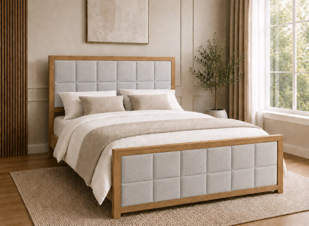 Pulham Wooden Bed in Black with Sand Faux Linen Upholstered Headboard and Footboard