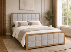 Pulham Wooden Bed in Oak with Light Grey Faux Linen Upholstered Headboard and Footboard