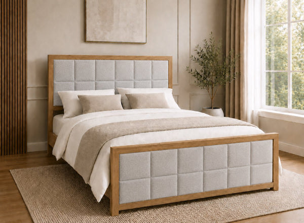 Pulham Upholstered Wooden Bed in Oak with Light Grey Headboard and Footboard