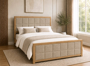 Pulham Wooden Bed in Oak with Sand Faux Linen Upholstered Headboard and Footboard