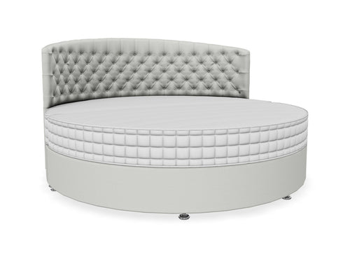 Round Bed Finished in Moda Flat Weave Clay Light Grey Fabric