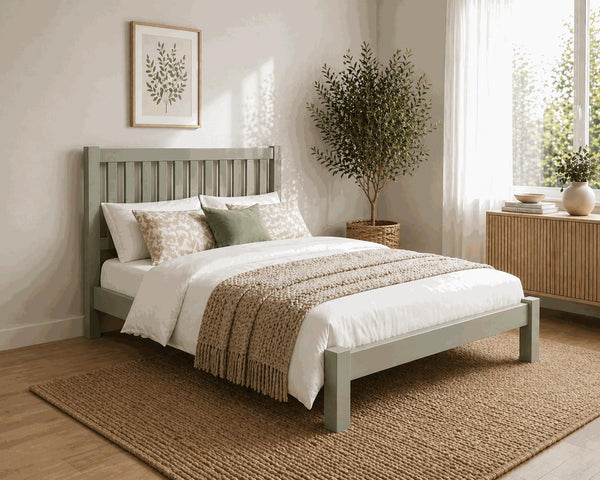 Shelton Green Wooden Bed Frame in Low End - Mizzle Green